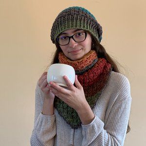Crocheted Multicolor Beanie and Scarf Set